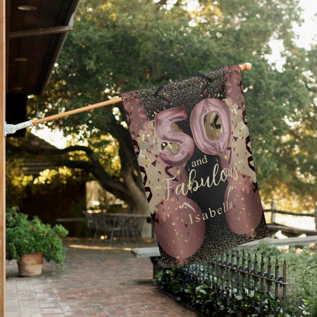 Black and Rose Gold Glitter 50th Birthday House Flag (In SItu)