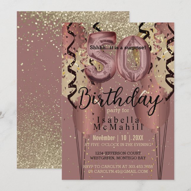 Black and Rose Gold Glitter 50th Birthday Invitation (Front/Back)
