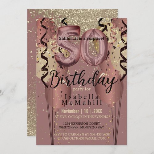 Black and Rose Gold Glitter 50th Birthday Invitation