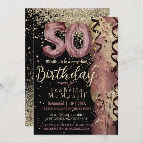 Black and Rose Gold Glitter 50th Birthday Invitation