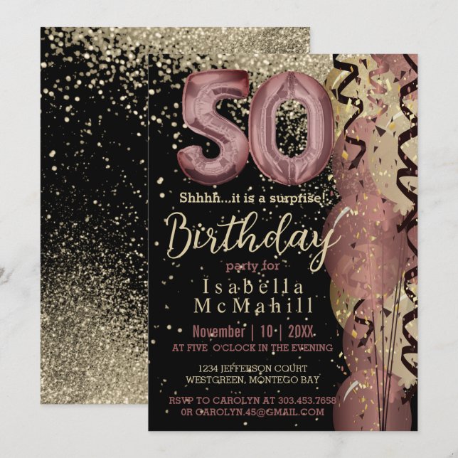 Black and Rose Gold Glitter 50th Birthday Invitation (Front/Back)