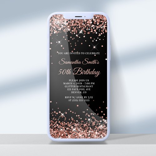 Black and Rose Gold Glitter 50th Birthday Invitation