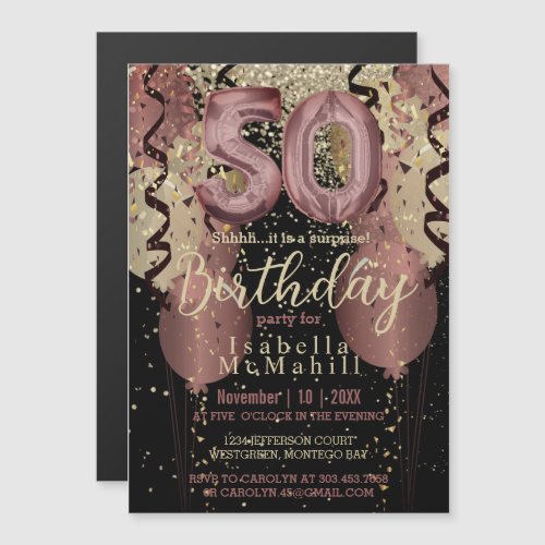Black and Rose Gold Glitter 50th Birthday Magnetic Invitation