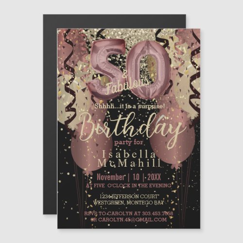 Black and Rose Gold Glitter 50th Birthday Magnetic Invitation