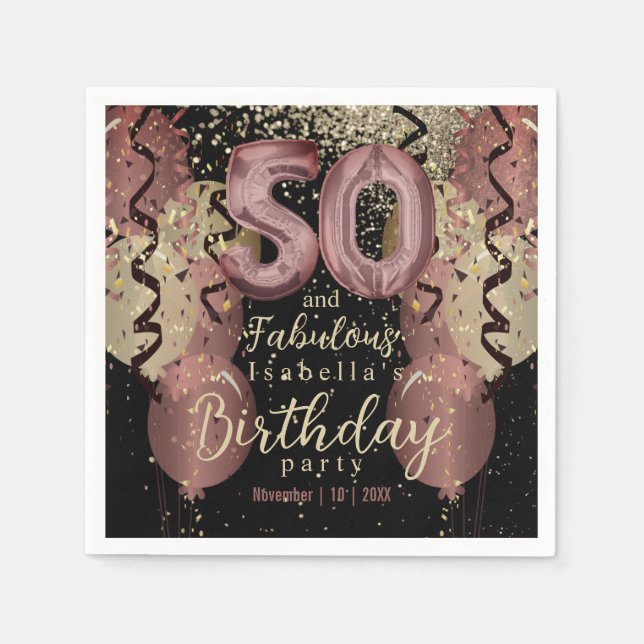 Black and Rose Gold Glitter 50th Birthday Napkins (Front)