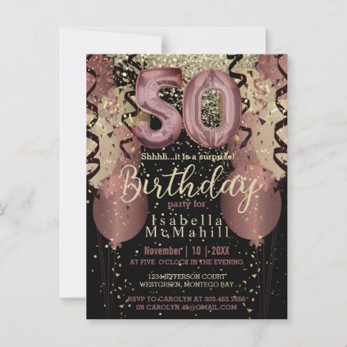 Black and Rose Gold Glitter 50th Birthday Postcard