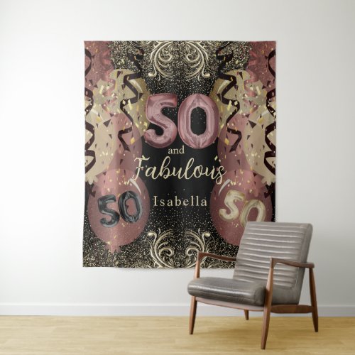 Black and Rose Gold Glitter 50th Birthday Tapestry