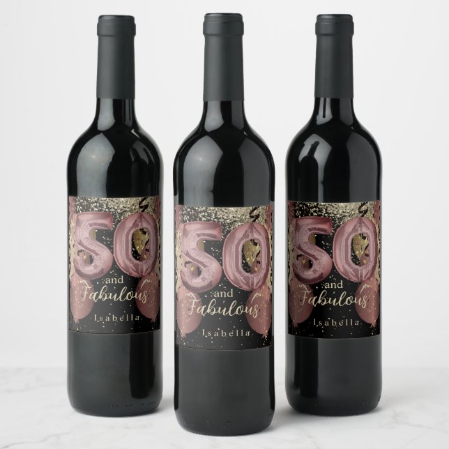 Black and Rose Gold Glitter 50th Birthday Wine Label (Bottles)
