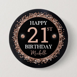Black and Rose Gold Glitter Confetti Birthday Button