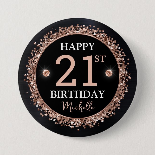 Black and Rose Gold Glitter Confetti Birthday Button (Front)