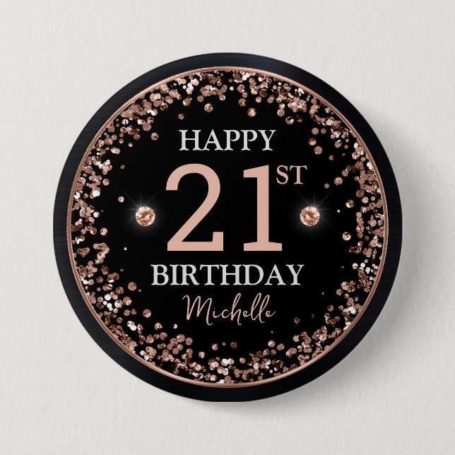 Black and Rose Gold Glitter Confetti Birthday Button (Front)