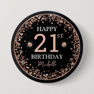 Black and Rose Gold Glitter Confetti Birthday Button