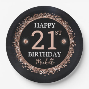 Black and Rose Gold Glitter Confetti Birthday Paper Plates
