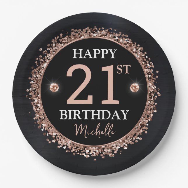 Black and Rose Gold Glitter Confetti Birthday Paper Plates (Front)