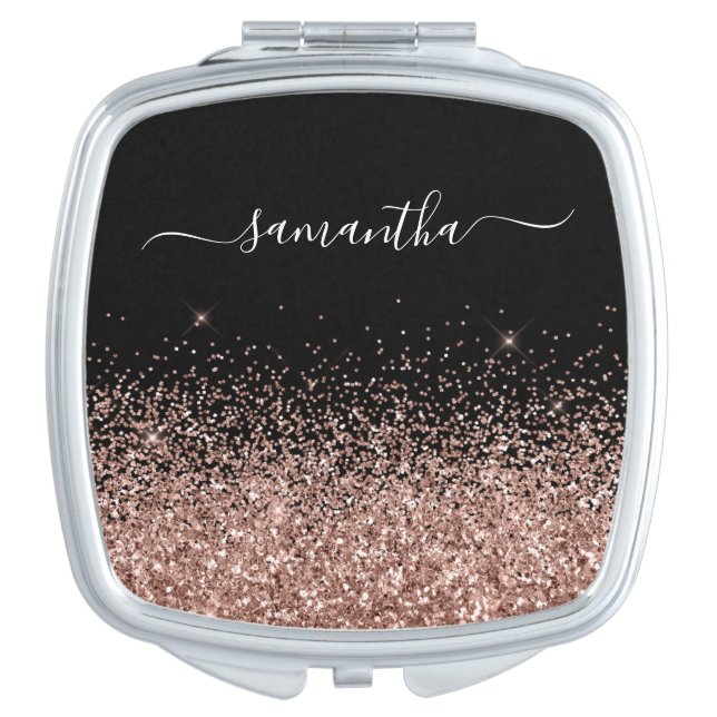Black and Rose Gold Glitter Elegant Name Compact Mirror (Front)