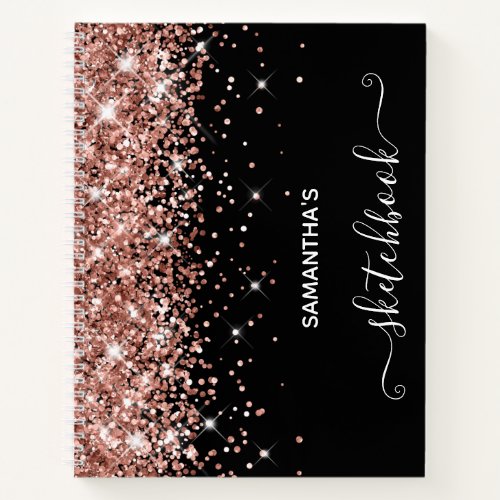 Black and Rose Gold Glitter Girly Sketchbook Notebook