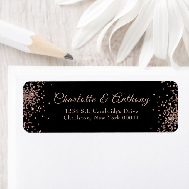 Black and Rose Gold Glitter Script Wedding Label (Insitu)