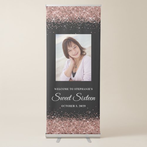 Black and Rose Gold Glitter Sweet Sixteen Welcome Retractable Banner