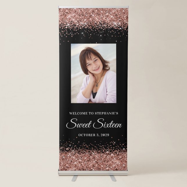 Black and Rose Gold Glitter Sweet Sixteen Welcome Retractable Banner (Front)