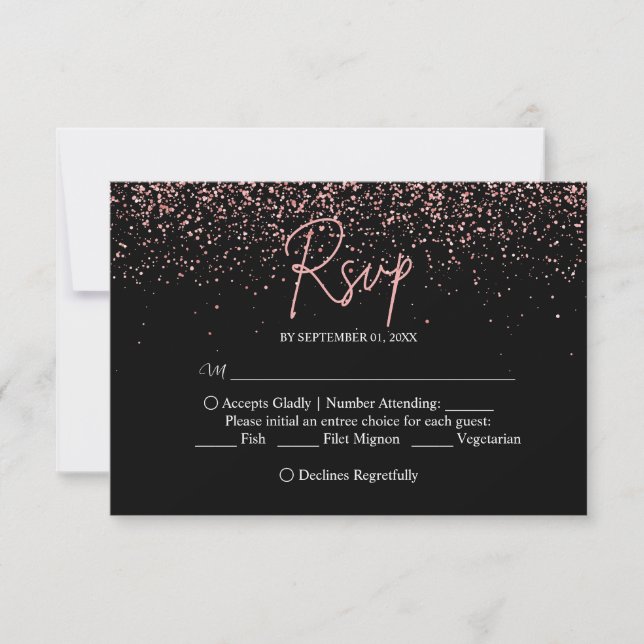 Black and Rose Gold Glitter  Wedding RSVP Card (Front)