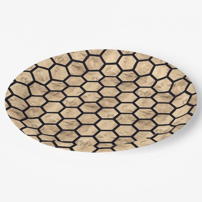 Black and rose gold honeycomb graphic pattern paper plates (Angled)