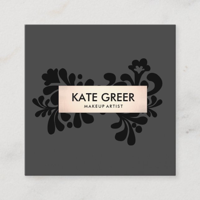 Black and Rose Gold Makeup Artist and Hair Salon Square Business Card (Front)