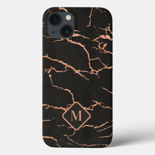 Black and rose gold marble texture monogram iPhone 13 case