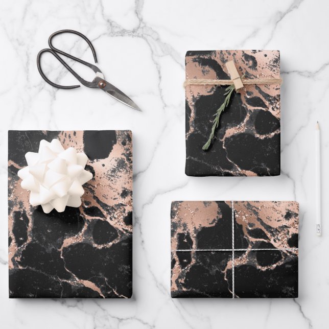 Black and Rose Gold Marble Wrapping Paper Sheets (Front)