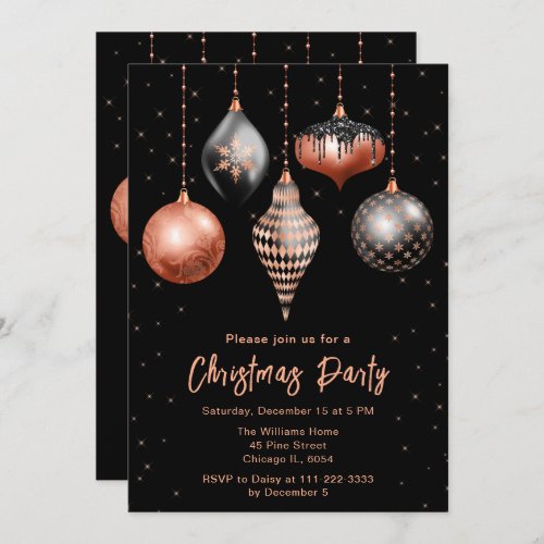 Black and Rose Gold Ornaments Christmas Party Invitation