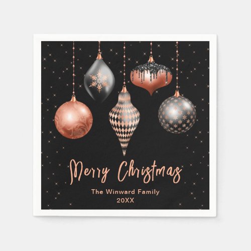 Black and Rose Gold Ornaments Merry Christmas Napkins