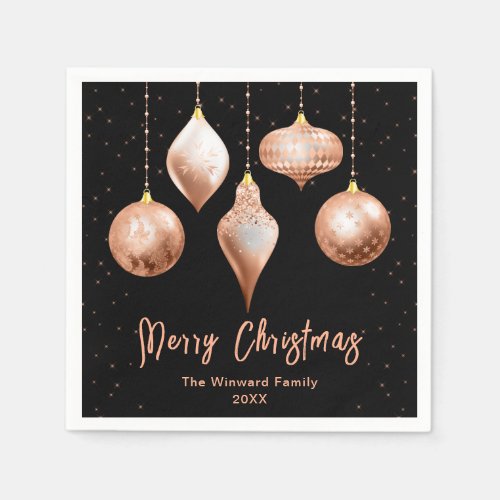 Black and Rose Gold Ornaments Merry Christmas Napkins