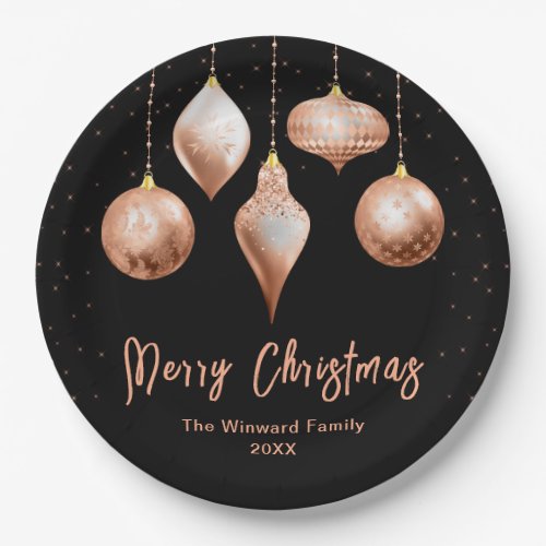Black and Rose Gold Ornaments Merry Christmas Paper Plates