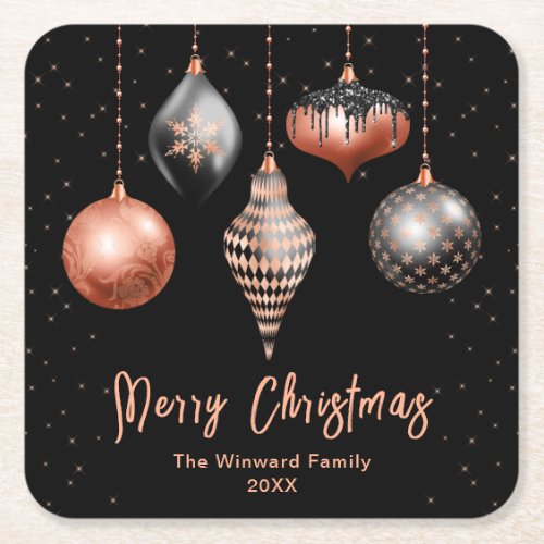 Black and Rose Gold Ornaments Merry Christmas Square Paper Coaster