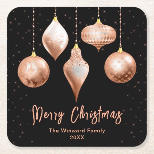 Black and Rose Gold Ornaments Merry Christmas Square Paper Coaster