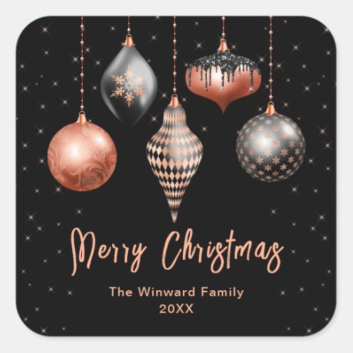 Black and Rose Gold Ornaments Merry Christmas Square Sticker