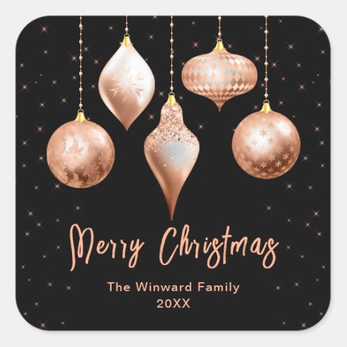 Black and Rose Gold Ornaments Merry Christmas Square Sticker