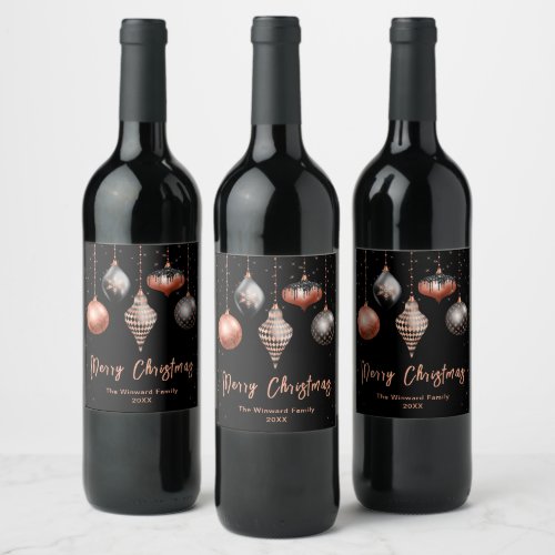 Black and Rose Gold Ornaments Merry Christmas Wine Label