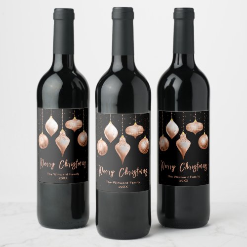 Black and Rose Gold Ornaments Merry Christmas Wine Label