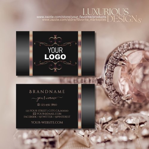 Black and Rose Gold Ornate Ornaments with Logo Business Card