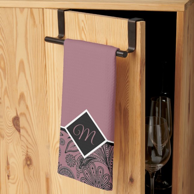 Black and rose gold paisley monogram kitchen towel (Thirds Fold)