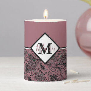 Black and rose gold paisley personalized pillar candle