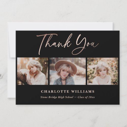 Black and Rose Gold Photo Collage Graduation Thank You Card