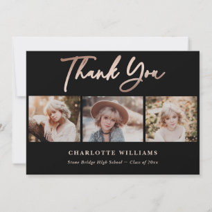Black and Rose Gold Photo Collage Graduation Thank You Card