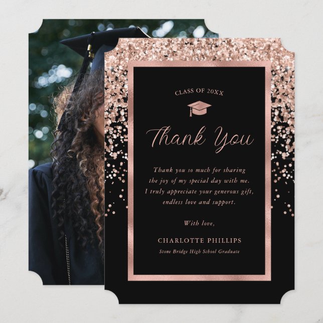 Black and Rose Gold Photo Graduation Thank You Card (Front/Back)
