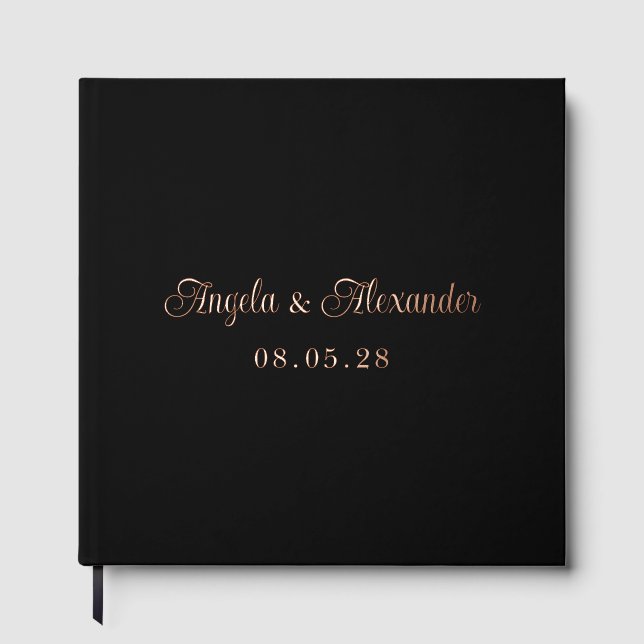 Black and Rose Gold Pretty Curly Script Wedding Foil Guest Book (Front)