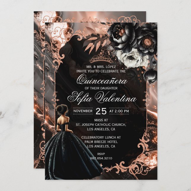 Black and Rose Gold Quinceañera Invitation (Front/Back)
