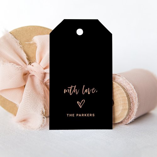 Black and Rose Gold  Script and Heart With Love Gift Tags