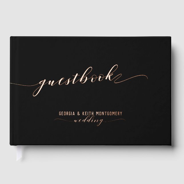 Black And Rose Gold Script Elegant Wedding 2 Foil Guest Book (Front)