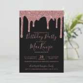 Black and Rose Gold Sparkle Glitter Drips Birthday Invitation (Standing Front)