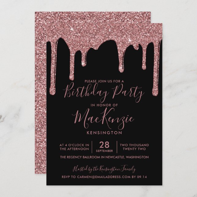 Black and Rose Gold Sparkle Glitter Drips Birthday Invitation (Front/Back)